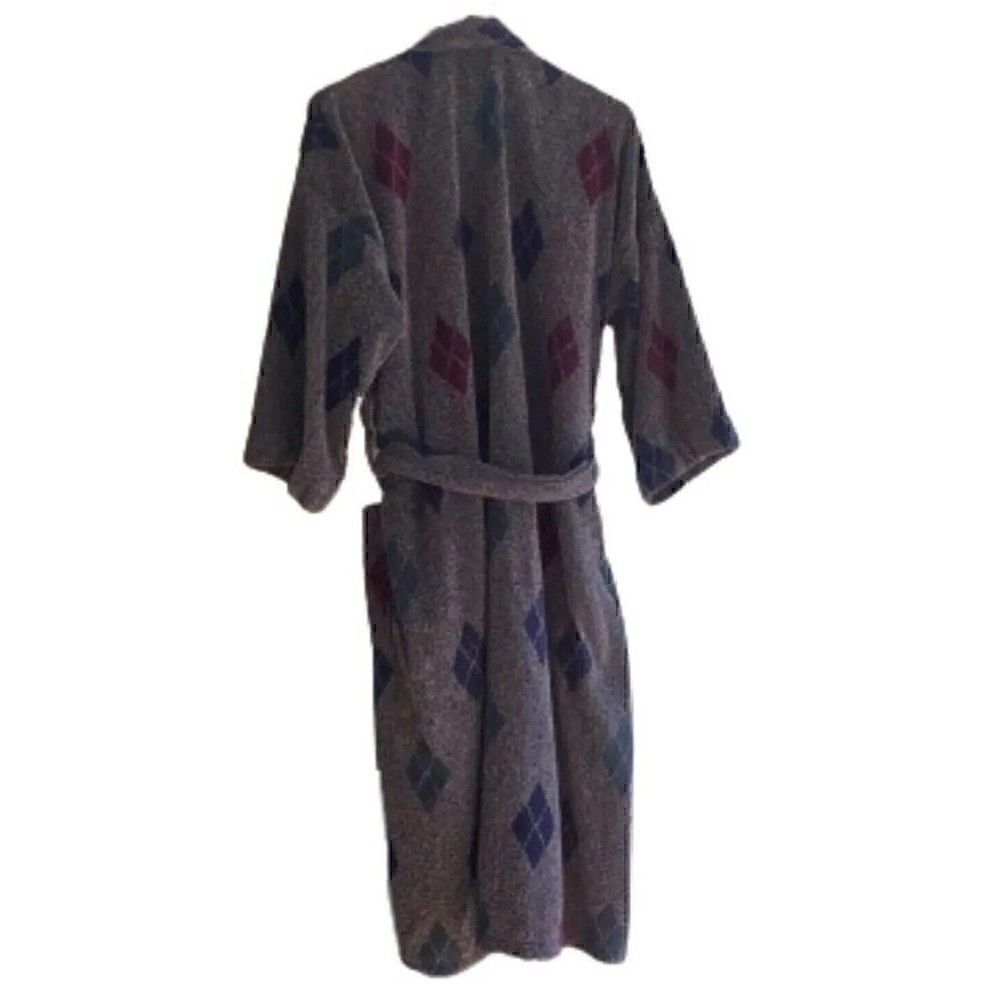 Puritan 100% Cotton Plaid Bath Robe One Size Gray Unisex Lounge Travel Vintage - Picture 3 of 4